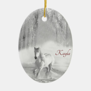 White Thoroughbred Horse Running in Snowy Ceramic Ornament