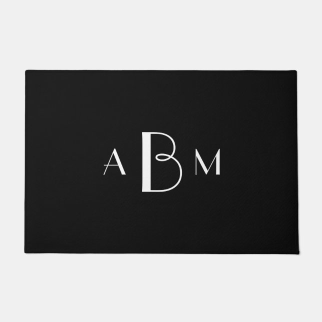 White Three Initial Monogram on Black Doormat (Front)