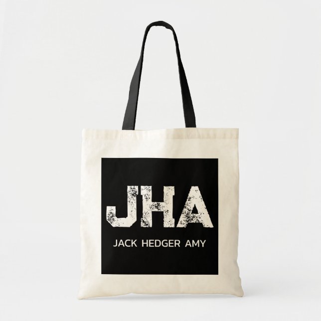 WHITE THREE LETTER MONOGRAM NAME BLACK NATURAL TOTE BAG (Front)