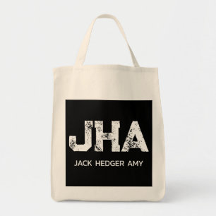 WHITE THREE LETTER MONOGRAM NAME BLACK NATURAL TOTE BAG