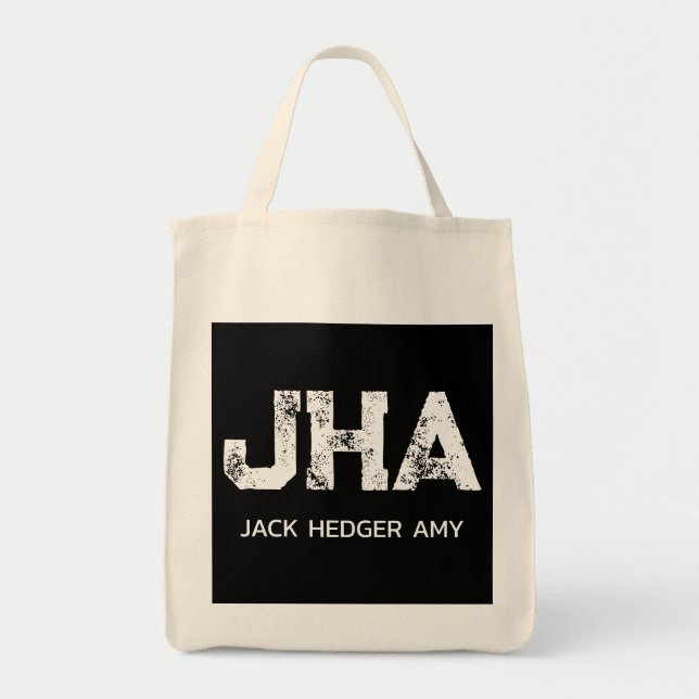 WHITE THREE LETTER MONOGRAM NAME BLACK NATURAL TOTE BAG (Front)