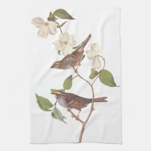 White Throated Sparrow Audubon Birds with Flowers Kitchen Towel