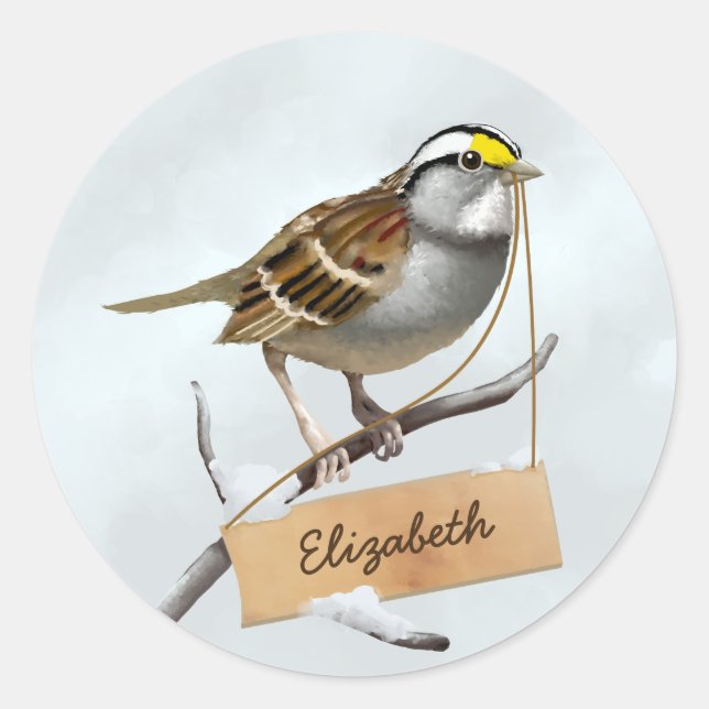 White Throated Sparrow Customize Name Classic Round Sticker (Front)