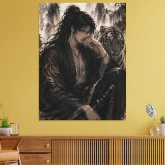 White Tiger and Swordsman | Oriental Ink Fantasy A Canvas Print