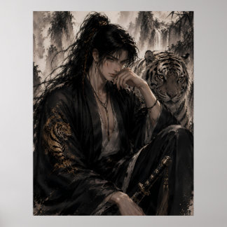 White Tiger and Swordsman | Oriental Ink Fantasy A Poster