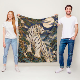 White Tiger Art – Full Moon Pine Tree Mountain Lan Fleece Blanket