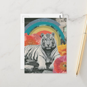 White Tiger Collage with Rainbow and Flowers Postcard