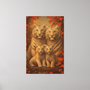 White Tiger Family of Four – Autumn Maple Fine Art Canvas Print