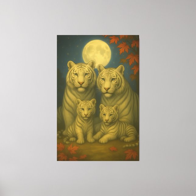White Tiger Family of Four – Moonlit Autumn Fine A Canvas Print (Front)