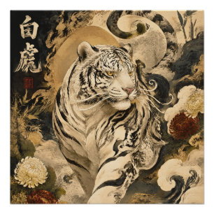 White Tiger Guardian Art   Japanese Mythology Poster
