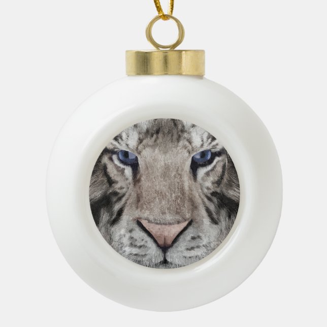 White Tiger Head  Ceramic Ball Christmas Ornament (Front)
