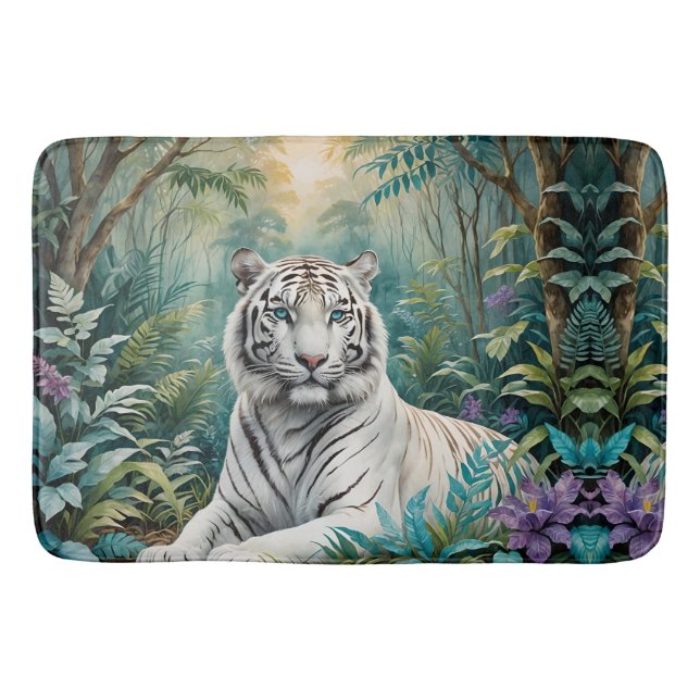 White Tiger in a Blue Green Jungle Bath Mat (Front)