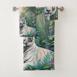 White Tiger in a Blue Green Jungle Bath Towel Set