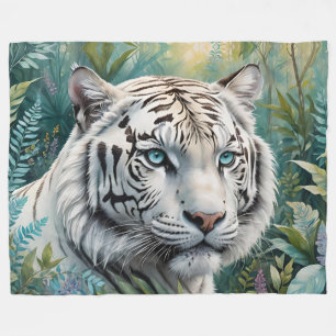 White Tiger in a Blue Green Jungle Fleece Blanket