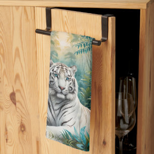 White Tiger in a Blue Green Jungle Kitchen Towel