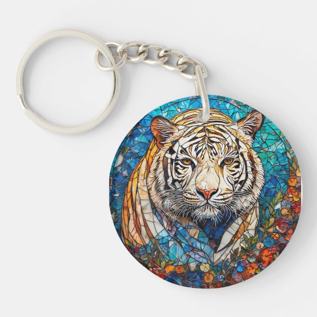 White Tiger in a Vibrant Circular Design Keychain (Front)
