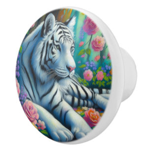 White Tiger in Forest w/Flowers Teal Pink Colourfu Ceramic Knob