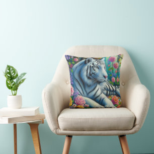 White Tiger in Forest w/Flowers Teal Pink Colourfu Throw Pillow