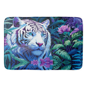 White Tiger in purple flowers Bath Mat