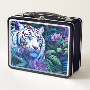 White Tiger in purple flowers  Metal Lunch Box