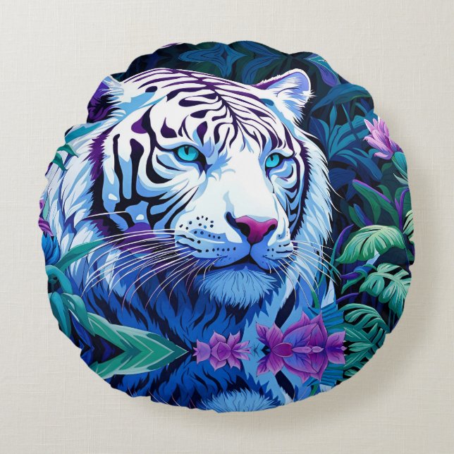 White Tiger in purple flowers  Round Pillow (Front)
