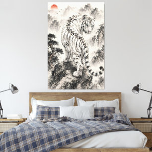 White Tiger Ink Painting on Mountain Cliff, Orient Canvas Print