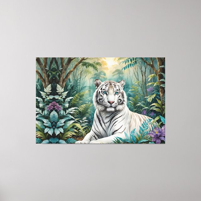 White Tiger Jungle Flora Canvas Print (Front)