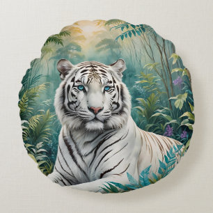 White Tiger Jungle Flora Round Pillow