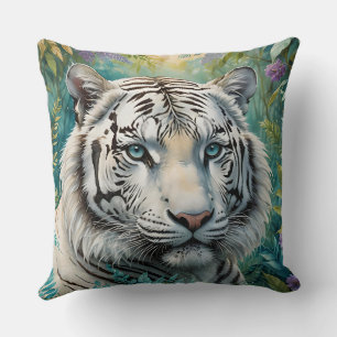 White Tiger Jungle Flora Throw Pillow