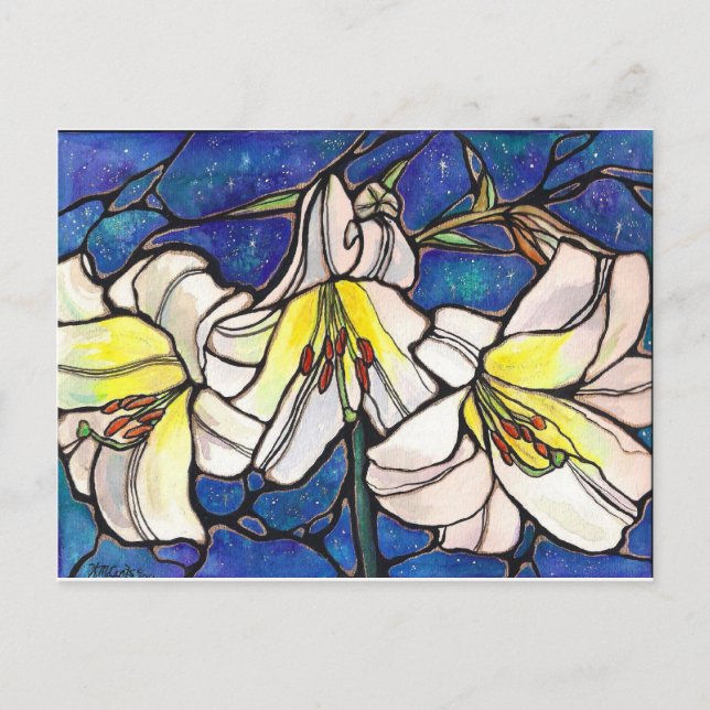 White Tiger Lily Flowers Stained Glass Design Art Postcard (Front)