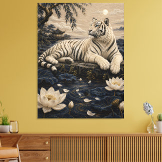 White Tiger Lotus Pond – Moonlit Asian Landscape A Canvas Print