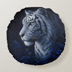 White Tiger Portrait – Calm Power and Silent Gaze Round Pillow