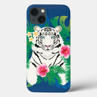 White tiger portrait with tropical leaves iPhone 13 case