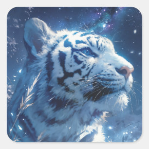 White Tiger Profile Under Starry Night Sky Square Sticker