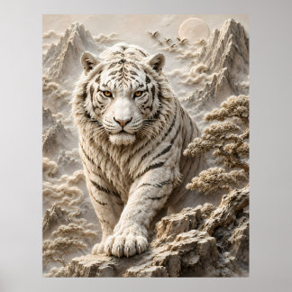White Tiger Relief Art | Majestic White Tiger Scul Poster