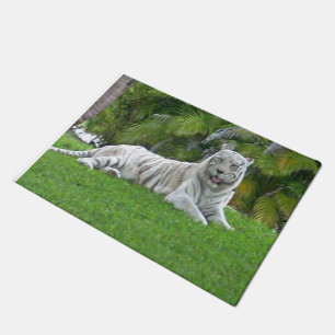White Tiger Resting in Bright Meadow Green Doormat