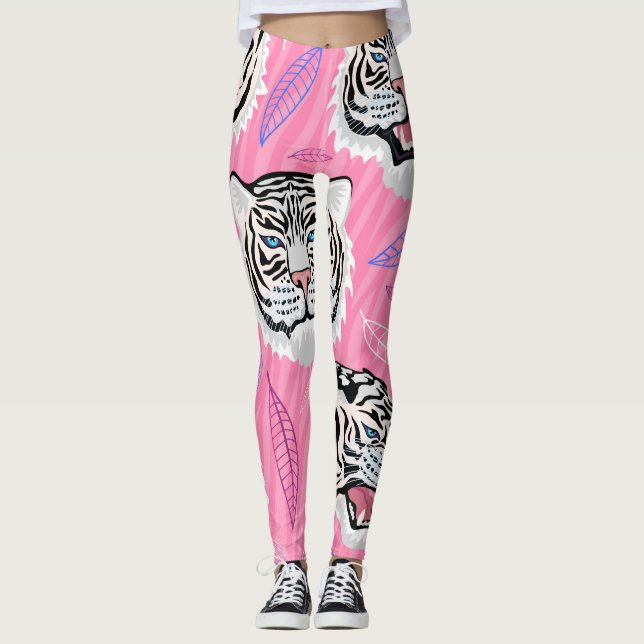 White Tiger Roar: Jungle Rainforest Pattern Leggings (Front)