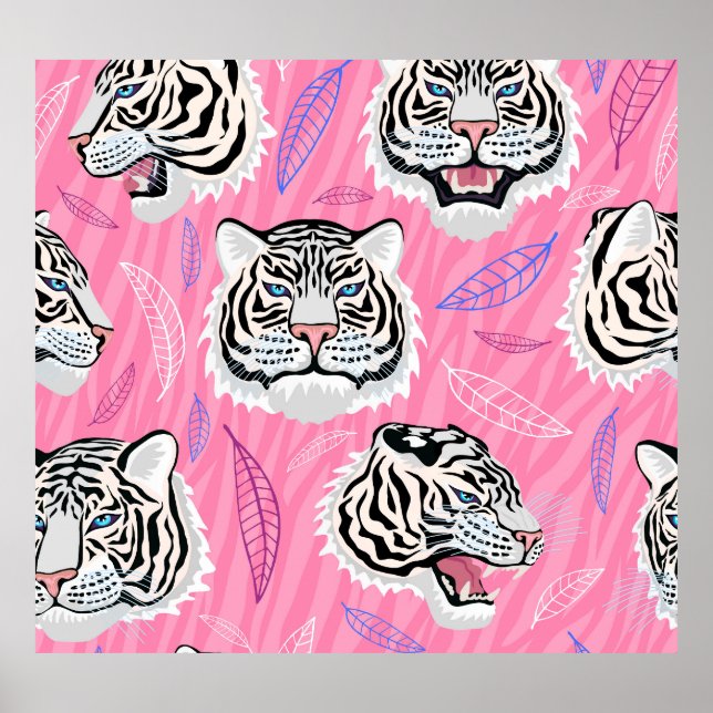 White Tiger Roar: Jungle Rainforest Pattern Poster (Front)