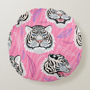White Tiger Roar: Jungle Rainforest Pattern Round Pillow