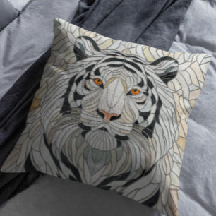 White tiger - Stained Glass Mosaic Digital Art Throw Pillow