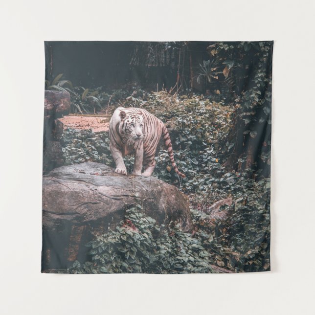 WHITE TIGER STANDING ON GREY STONE TAPESTRY (Front)