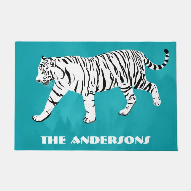 White Tiger Teal, Turquoise Blue Personalized Doormat (Front)