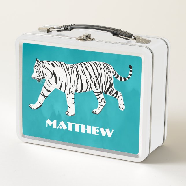 White Tiger, Teal, Turquoise Blue Personalized Metal Lunch Box (Front)