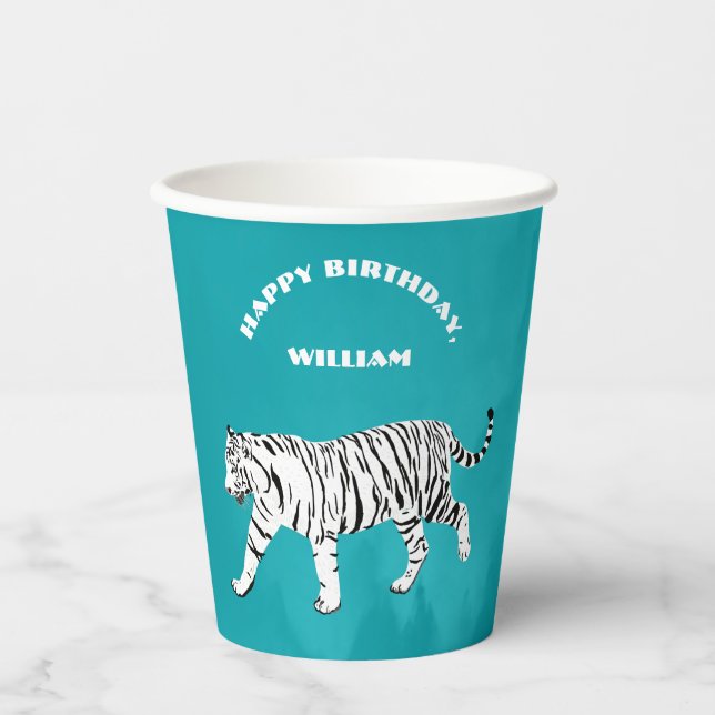 White Tiger Teal, Turquoise Blue Personalized Paper Cups (Front)