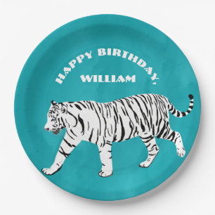 White Tiger Teal, Turquoise Blue Personalized Paper Plate