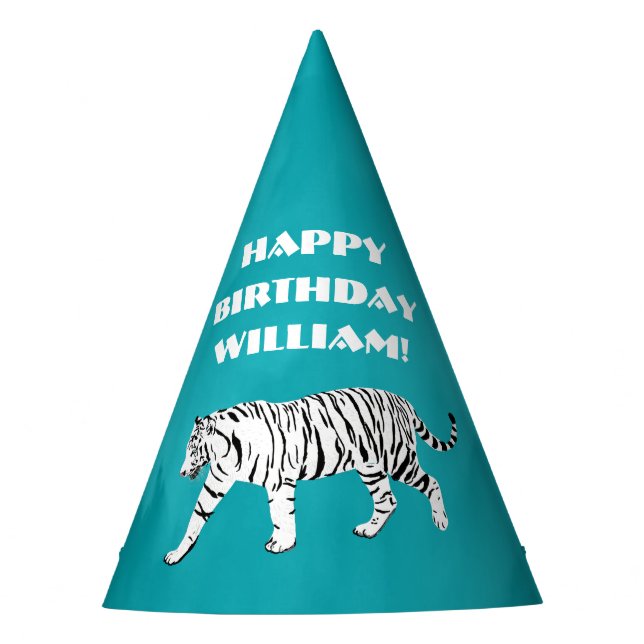 White Tiger Teal, Turquoise Blue Personalized Party Hat (Front)