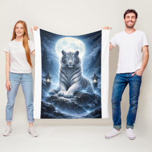 White Tiger Under Full Moon Mystical Spirit Tige Fleece Blanket