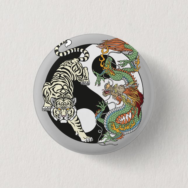 White tiger versus green dragon in the yin yang bu 1 inch round button (Front)