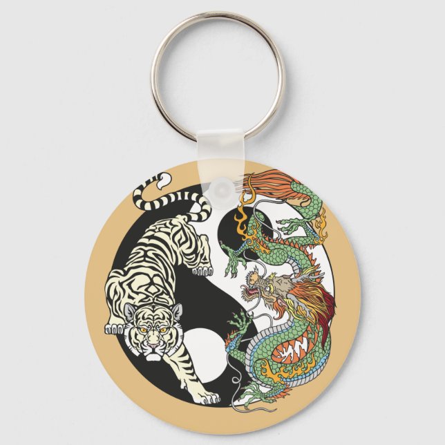 White tiger versus green dragon in the yin yang  k keychain (Front)