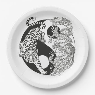 White tiger versus green dragon in the yin yang paper plate